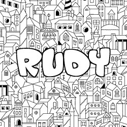 Coloriage pr&eacute;nom RUDY - d&eacute;cor Ville
