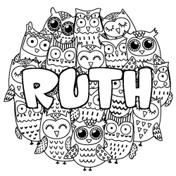 Coloriage pr&eacute;nom RUTH - d&eacute;cor Chouettes