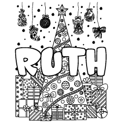 Coloriage prénom RUTH - décor Sapin et Cadeaux