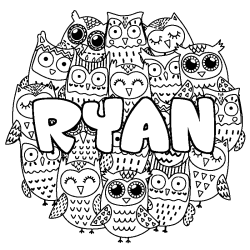 Coloriage pr&eacute;nom RYAN - d&eacute;cor Chouettes