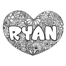 Coloriage pr&eacute;nom RYAN - d&eacute;cor Mandala coeur