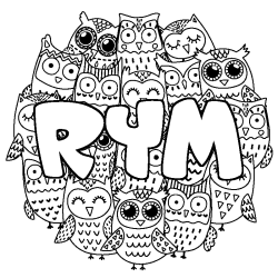Coloriage pr&eacute;nom RYM - d&eacute;cor Chouettes