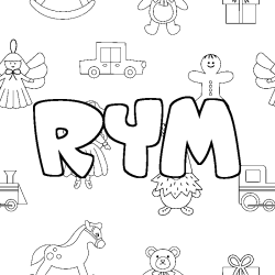 Coloriage prénom RYM - décor Jouets