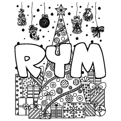 Coloriage pr&eacute;nom RYM - d&eacute;cor Sapin et Cadeaux
