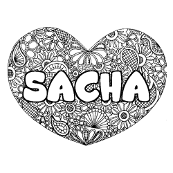 Coloriage prénom SACHA - décor Mandala coeur
