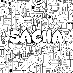 Coloriage pr&eacute;nom SACHA - d&eacute;cor Ville