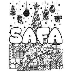 Coloriage prénom SAFA - décor Sapin et Cadeaux