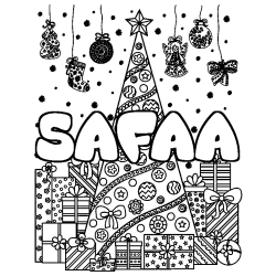 Coloriage prénom SAFAA - décor Sapin et Cadeaux
