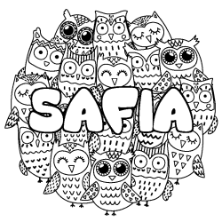 Coloriage pr&eacute;nom SAFIA - d&eacute;cor Chouettes