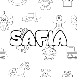 Coloriage pr&eacute;nom SAFIA - d&eacute;cor Jouets