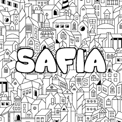 Coloriage pr&eacute;nom SAFIA - d&eacute;cor Ville