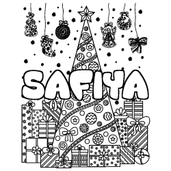 Coloriage prénom SAFIYA - décor Sapin et Cadeaux