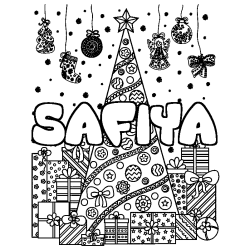 Coloriage SAFIYA - d&eacute;cor Sapin et Cadeaux