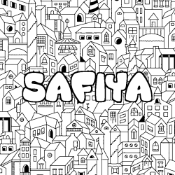 Coloriage prénom SAFIYA - décor Ville