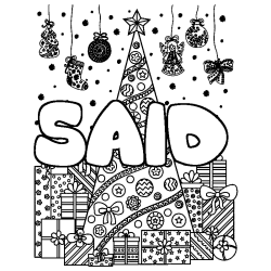 Coloriage pr&eacute;nom SAID - d&eacute;cor Sapin et Cadeaux