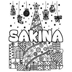 Coloriage prénom SAKINA - décor Sapin et Cadeaux