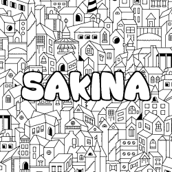 Coloriage pr&eacute;nom SAKINA - d&eacute;cor Ville