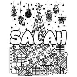 Coloriage pr&eacute;nom SALAH - d&eacute;cor Sapin et Cadeaux