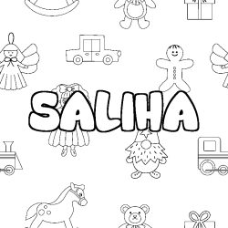 Coloriage pr&eacute;nom SALIHA - d&eacute;cor Jouets
