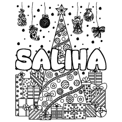 Coloriage SALIHA - d&eacute;cor Sapin et Cadeaux