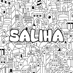 Coloriage pr&eacute;nom SALIHA - d&eacute;cor Ville