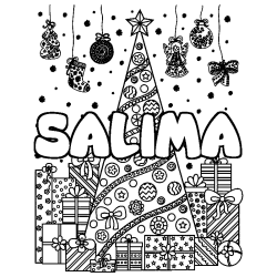 Coloriage SALIMA - d&eacute;cor Sapin et Cadeaux