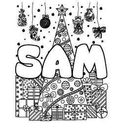 Coloriage SAM - d&eacute;cor Sapin et Cadeaux