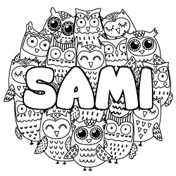 Coloriage pr&eacute;nom SAMI - d&eacute;cor Chouettes