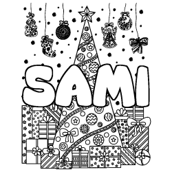 Coloriage prénom SAMI - décor Sapin et Cadeaux