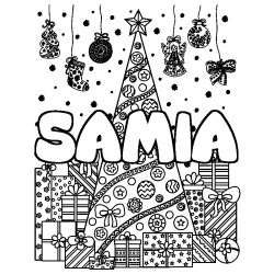 Coloriage prénom SAMIA - décor Sapin et Cadeaux