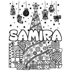 Coloriage prénom SAMIRA - décor Sapin et Cadeaux