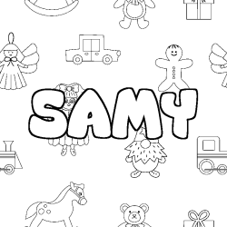 Coloriage pr&eacute;nom SAMY - d&eacute;cor Jouets