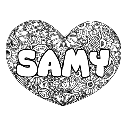 Coloriage pr&eacute;nom SAMY - d&eacute;cor Mandala coeur