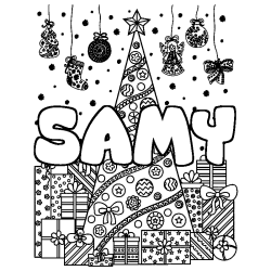 Coloriage prénom SAMY - décor Sapin et Cadeaux