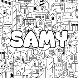 Coloriage pr&eacute;nom SAMY - d&eacute;cor Ville