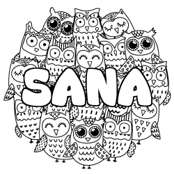 Coloriage pr&eacute;nom SANA - d&eacute;cor Chouettes