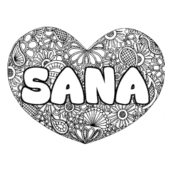 Coloriage pr&eacute;nom SANA - d&eacute;cor Mandala coeur