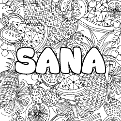Coloriage pr&eacute;nom SANA - d&eacute;cor Mandala fruits