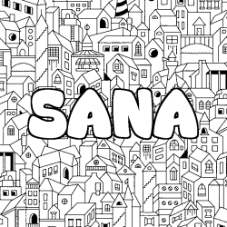 Coloriage prénom SANA - décor Ville