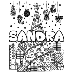 Coloriage prénom SANDRA - décor Sapin et Cadeaux