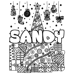 Coloriage prénom SANDY - décor Sapin et Cadeaux