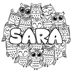 Coloriage pr&eacute;nom SARA - d&eacute;cor Chouettes