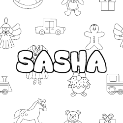 Coloriage pr&eacute;nom SASHA - d&eacute;cor Jouets