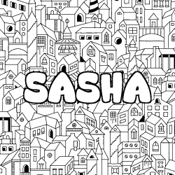 Coloriage pr&eacute;nom SASHA - d&eacute;cor Ville
