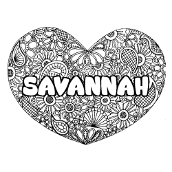 Coloriage prénom SAVANNAH - décor Mandala coeur