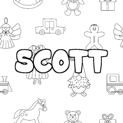 Coloriage prénom SCOTT - décor Jouets
