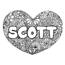 Coloriage pr&eacute;nom SCOTT - d&eacute;cor Mandala coeur