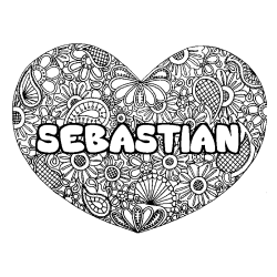 Coloriage prénom SEBASTIAN - décor Mandala coeur