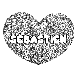 Coloriage pr&eacute;nom S&Eacute;BASTIEN - d&eacute;cor Mandala coeur