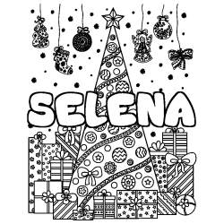 Coloriage pr&eacute;nom SELENA - d&eacute;cor Sapin et Cadeaux